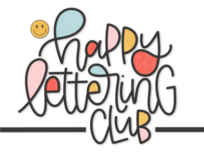 Happy Lettering Club in vintage rainbow colors and black hand lettering with yellow smiley face