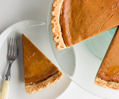 Three pies on platters; Pecan Pie, Pumpkin Pie, and Dutch Apple Pie from left to right.