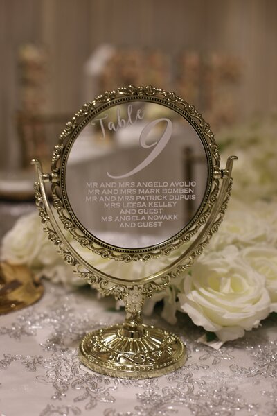 mirrored table number for wedding reception
