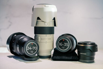 Professional Sony lenses including 16–35mm, 24–70mm, and 70–200mm used by Joseph Mayden for versatile wedding, event, and landscape photography.