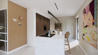 Kookeiland beige met marmeren werkblad en houten wandkast in een nieuwbouw  schuurwoning
