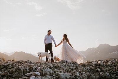 Hiking elopement couple exploring the mountains with their dog