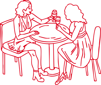 Red illustration of two stylish women having drinks at a table ocean side San Juan, Puerto Rico- bold, playful, Latina design with creative flair.