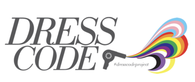 Logo with the words dress code and a hair dryer with rainbow colors coming out of it.
