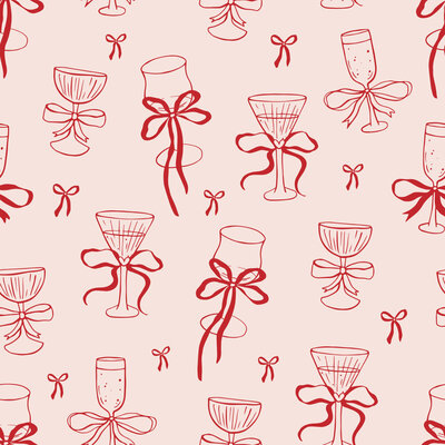 Punaisia piirroskuvia erilaista laseista, oiden jalkoihin on sidottu rusetti