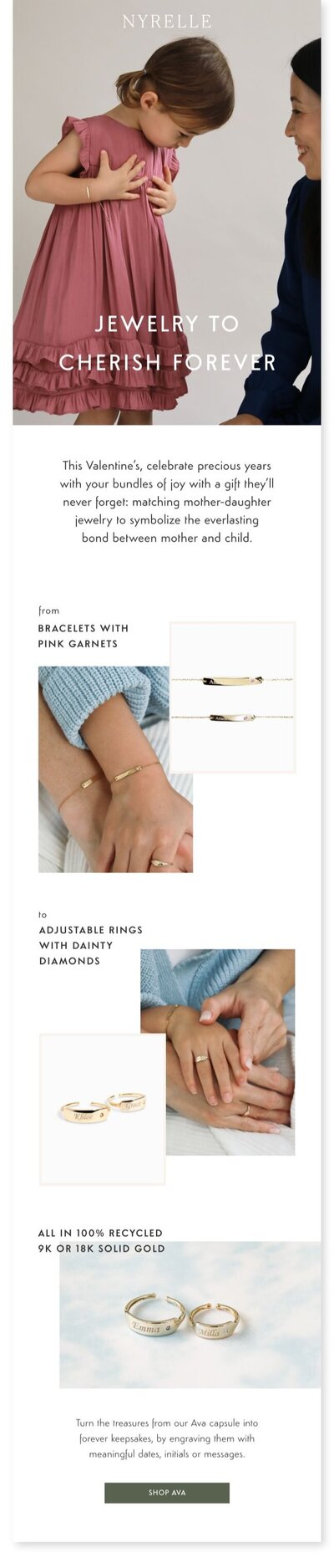 Graphic Designer in Hong Kong Kyra Janelle's Email Marketing Template for E-commerce Fashion Brands – NYRELLE’s Dainty Personalized Luxury Jewelry for Valentine’s Day Campaign.