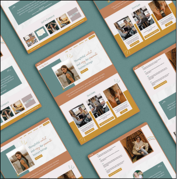 multiple website mockup screenshots laid in a grid on a teal background