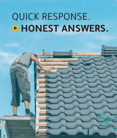 Man working on a roof with Pioneer Construction tagline floating above saying, "Quick Response. Honest Answers."