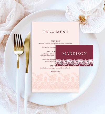Arch menu and wave place card in big love design, neutral colours