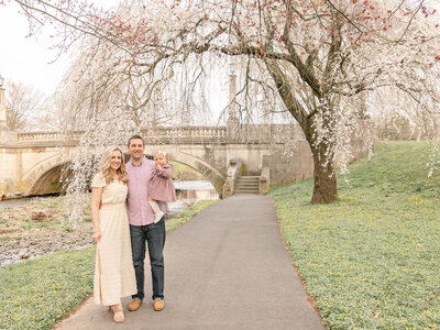 Family photo session during cherry blossom blooming in a park