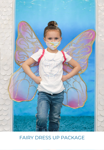 Fairy Makeover dress Up Package with upgraded large fairy wings, bowfish studios tshirt, and fairy bun hairstyle
