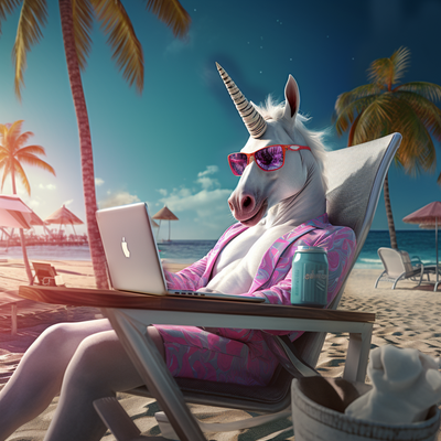 Unicorn with sunglasses sitting on the beach working on his laptop.