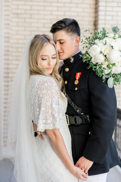 Bride and groom walk up memorial steps at their DC wedding