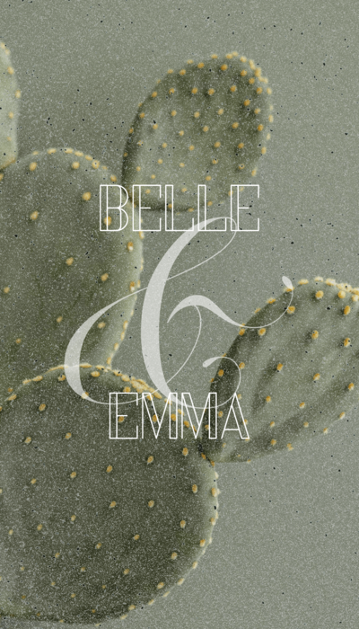 A close-up image of a prickly pear cactus with “BELLE & EMMA” in white, decorative text overlaying the center—beautifully crafted brand strategy by Sweet Pea Ink Creative.