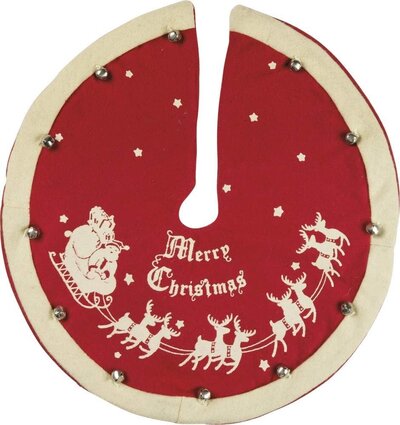Coordinating red and white vintage-style Christmas tree skirt with Santa motif – featured by Sweet Pea Ink Creative.