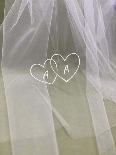 custom bridal veil embroidery with hearts and initials