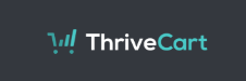 ThriveCart logo on a dark gray background, featuring a teal shopping cart icon and the brand name in white and teal text. ThriveCart is a checkout and sales funnel platform for digital products and services.