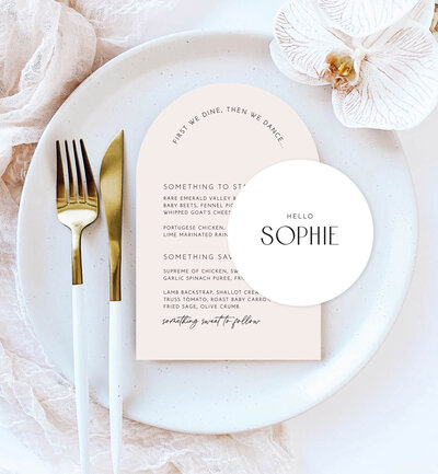 Arch menu and wave place card in big love design, neutral colours