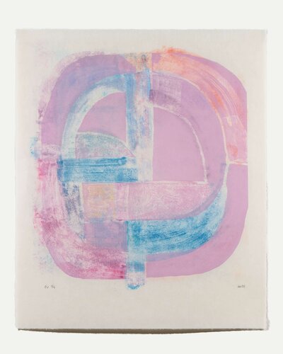 'Spiral Variée: Dawn' by Anna Kunz – a monotype with soap ground and sugar lift etching on sekishu paper, measuring 26 x 22 inches.