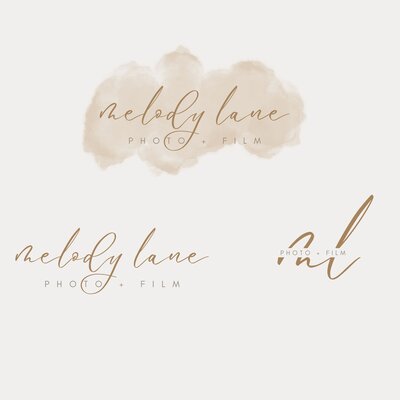 Three variations of a logo for "melody lane photo &amp; film" with an artistic rendering of a watercolor spot in the background.