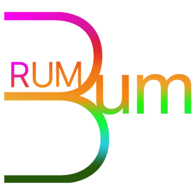 Gradient logo reading “Rum Bum” with overlapping letters in pink, orange, and green