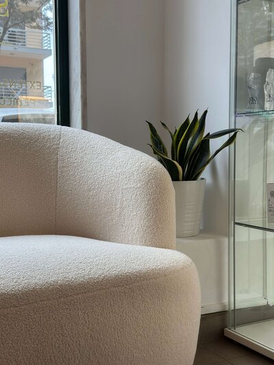 Mental health therapy office with white couch and plant