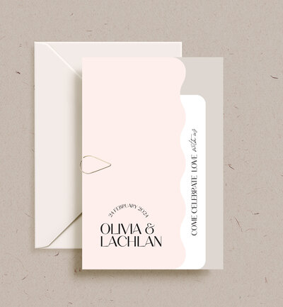 Wedding Invitation in straight wiggle shape, nude, white and almond colours