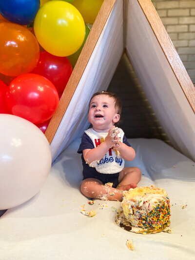 cake smash birthday party in a tent