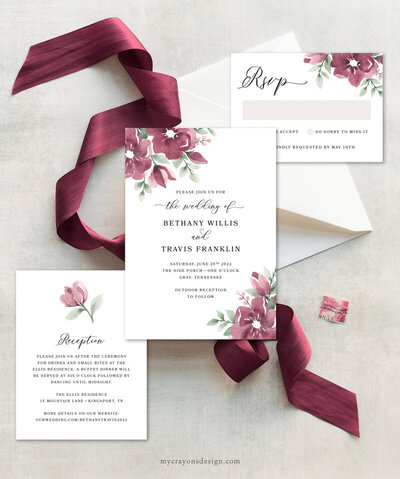 floral burgundy wedding invitation set with silk ribbon