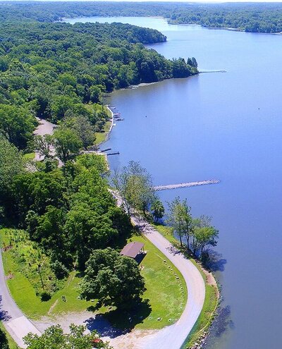 Aerial view of Kiser Lake in Saint Paris, OH, a scenic destination in the community that Black Bear Roofing & Exteriors proudly serves with expert roofing and exterior services. 