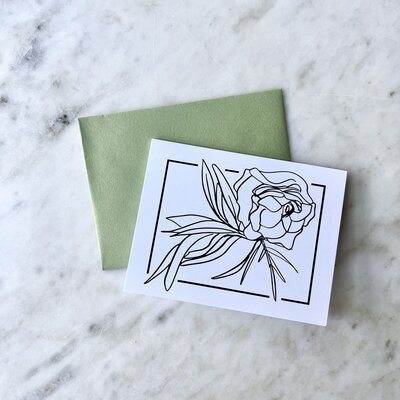 Card with an illustration of a peony