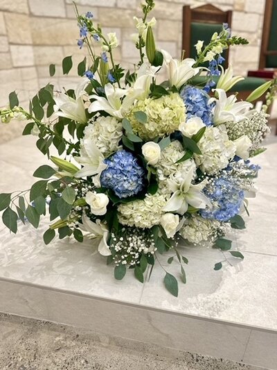 White and blue floral arrangement