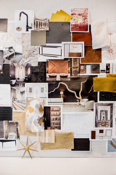 Interior design moodboard featuring design details like yellow fabrics, black marbles, black fixtures, and more