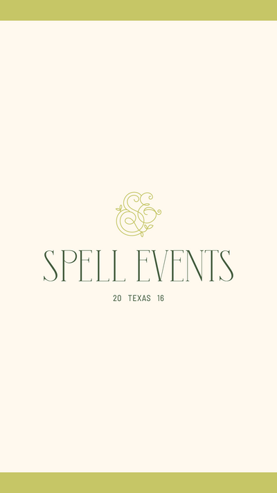 Spell Events green logo on a cream background with chartreuse lines on the top and bottom border