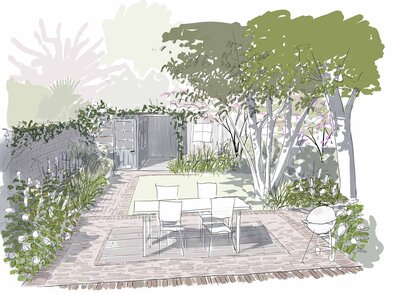 Sketch of a terrace overlooking a wooded garden