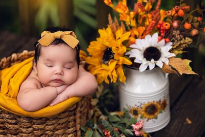 Beautiful outdoor newborn photo session in Orlando, Florida, showing a  peaceful baby girl sleeping in a woven basket surrounded by vibrant sunflowers.