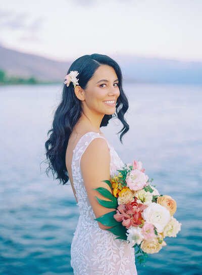 Maui bride with hair and makeup styled