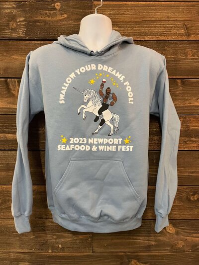 2023 Newport Seafood and Wine Festival light blue sweatshirt displayed in our shop.