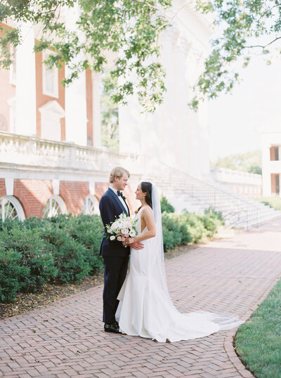 Bride and Groom at steps of the university of virginia