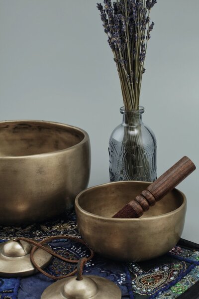 Tibetan sound bowls used in a healing sound therapy session at EnForma San Miguel De Allende, supporting relaxation, energy balance, and holistic wellness