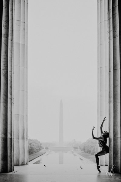 a photo of a dancer posing in the Lincoln Memorial in Washington D.C.