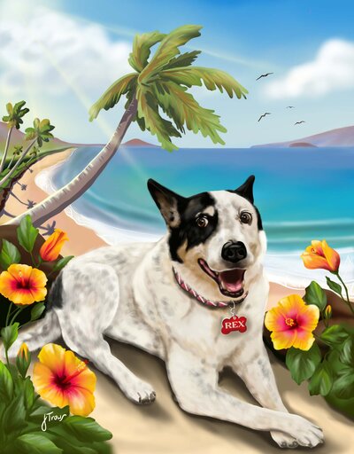 A black and white dog sits on the beach under a  palm tree and surrounded by orange hibiscus flowers.