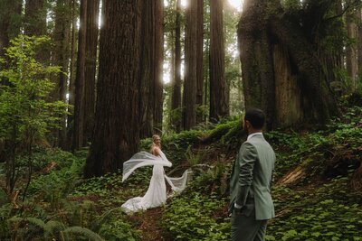 bride and groom running on beach cliff
