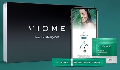 Variety of Viome products next to an iphone with a chart.