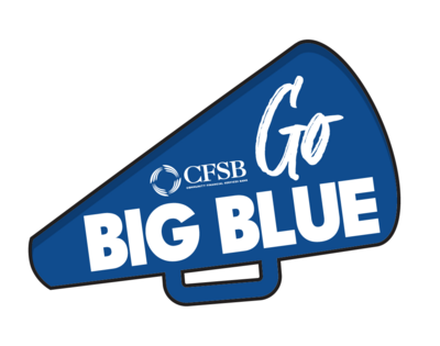 Photo booth go big blue sport megaphone signs for Community Financial Services Bank design by Amanda Newman Design in Paducah, Kentucky