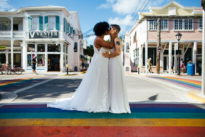 Two Brides Kissing on Duval Street LGBTQ Wedding