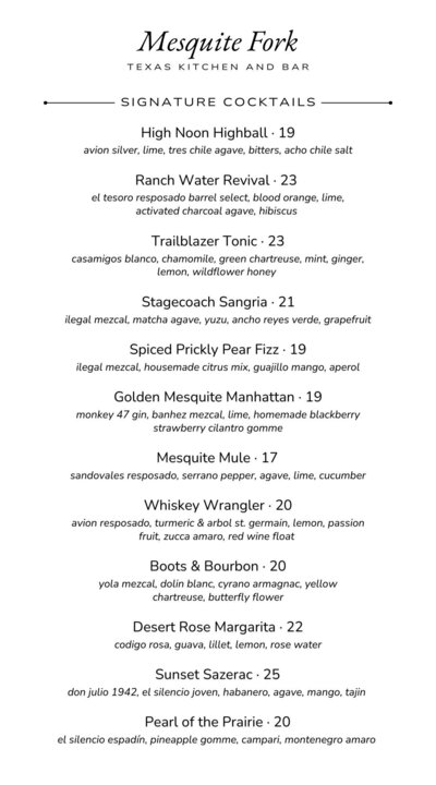 The Mesquite Fork Drink Menu.