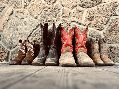 five sets of cowboy boots lined up
