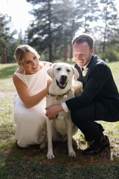 Bride and groom share candid moment with their dog after their colorado mountain wedding ceremony 