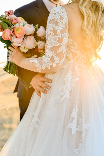 A wedding bouquet with overflowing pink roses at a luxury wedding in northern california